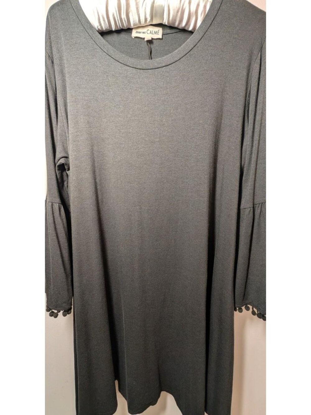 Johnny Was Calme Green/Grey Shift Dress, Pom-Pom Sleeves, Size Large